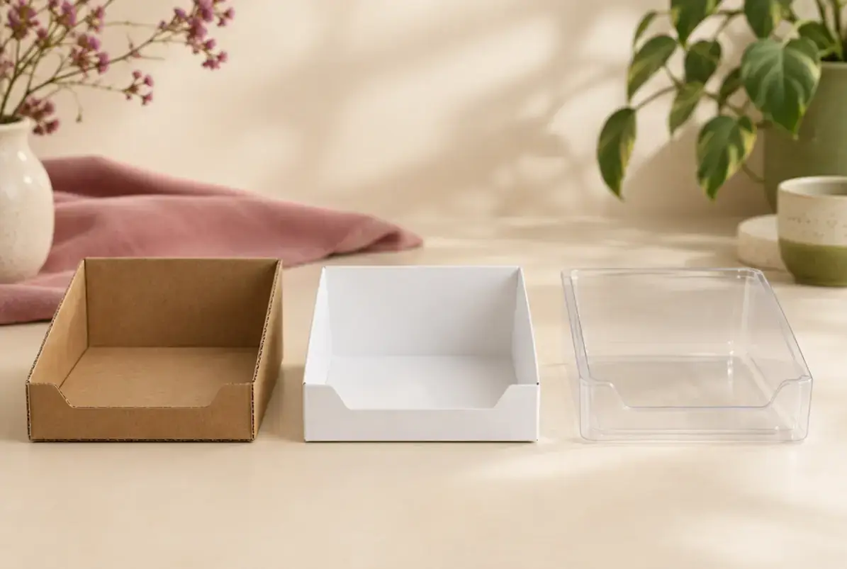Verkaufstray 4 Drei leere Trays nebeneinander: einer aus Wellpappe, einer aus Vollkarton und einer aus tiefgezogenem Kunststoff
