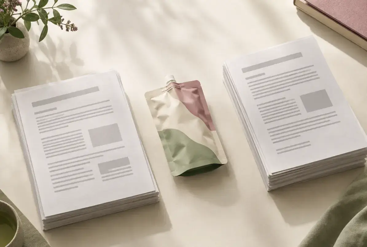 VerpackDG: das deutsche Durchführungsgesetz zur PPWR 2 Zwei getrennte Stapel Unterlagen neben einem Beutelmuster: Konformitätsunterlagen links, Registrierungsunterlagen rechts