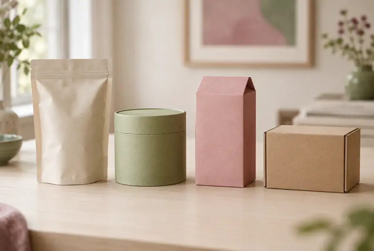 VerpackDG: das deutsche Durchführungsgesetz zur PPWR 3 Beutel, Dose, Faltschachtel und Versandkarton nebeneinander als Beispiele für verschiedene Verpackungsarten