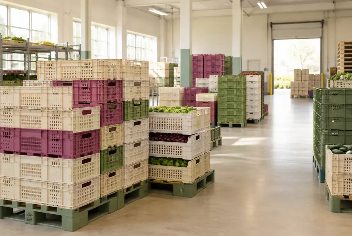 Versandverpackung 4 Wiederverwendbare Transportkisten und Paletten in einem Lebensmittellager