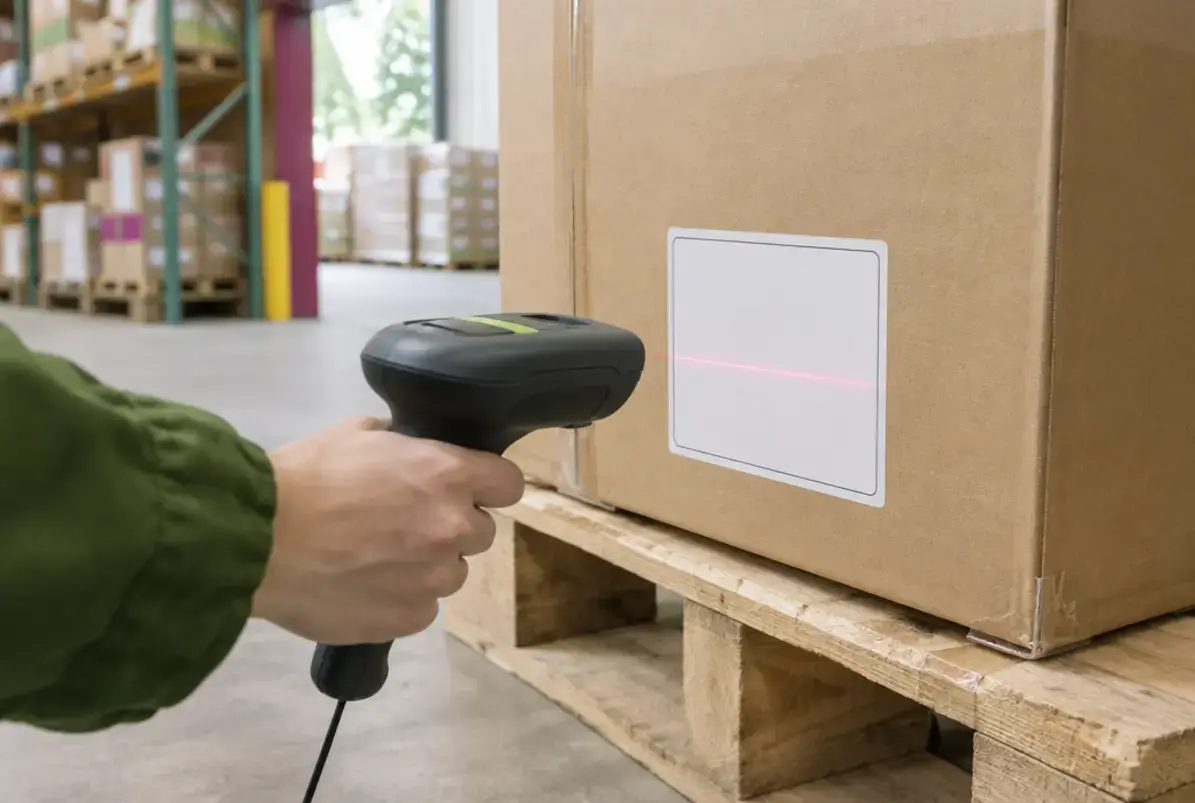 Versandverpackung 2 Handscanner liest den Code an einem Versandkarton auf einer Palette im Lager