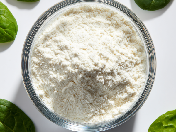 Biotin - Vitamin B7 Pulver in Schale mit Spinatblätter umrandet