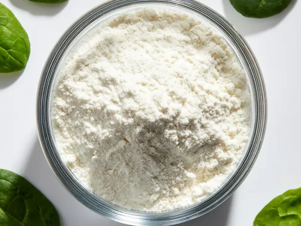 Biotin (Vitamin B7) Pulver in einer Schale, umrandet von Spinatblättern – OH!S Rohstoff-Lexikon