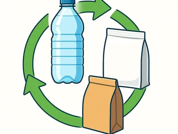 Illustration eines Recycling­kreislaufs mit Monomaterial-Verpackungen: PET-Flasche, PP-Beutel und Papier­verpackung, umgeben von grünen Pfeilen.