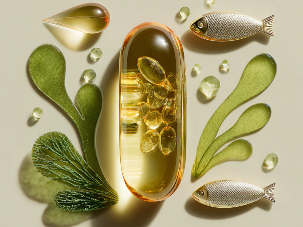 Omega 3 - Fettsäuren - DPA DHA - Bild mit Kapsel - Algen - Fischen